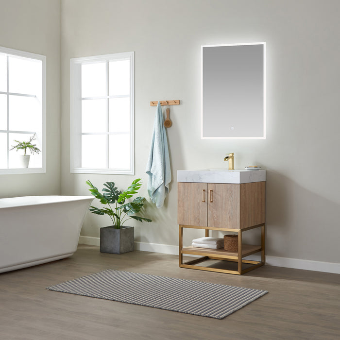 Vinnova Alistair 24" Single Vanity in North American Oak with White Grain Stone Countertop With Mirror  789024-NO-GW