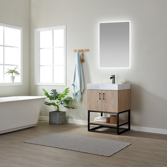 Vinnova Alistair 24B" Single Vanity in North American Oak with White Grain Stone Countertop With Mirror  789024B-NO-GW