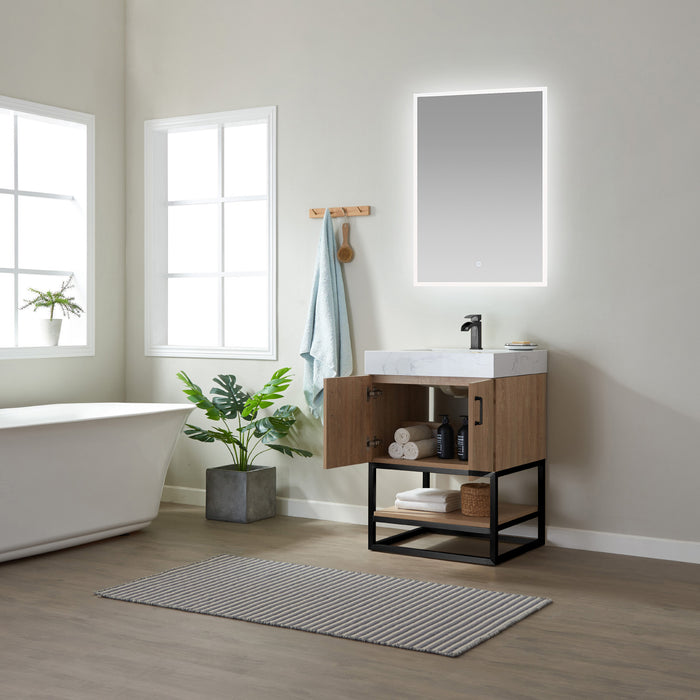 Vinnova Alistair 24B" Single Vanity in North American Oak with White Grain Stone Countertop With Mirror  789024B-NO-GW
