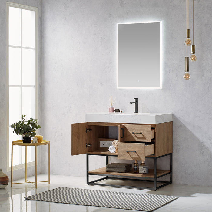 Vinnova Alistair 36B" Single Vanity in North American Oak with White Grain Stone Countertop With Mirror  789036B-NO-GW