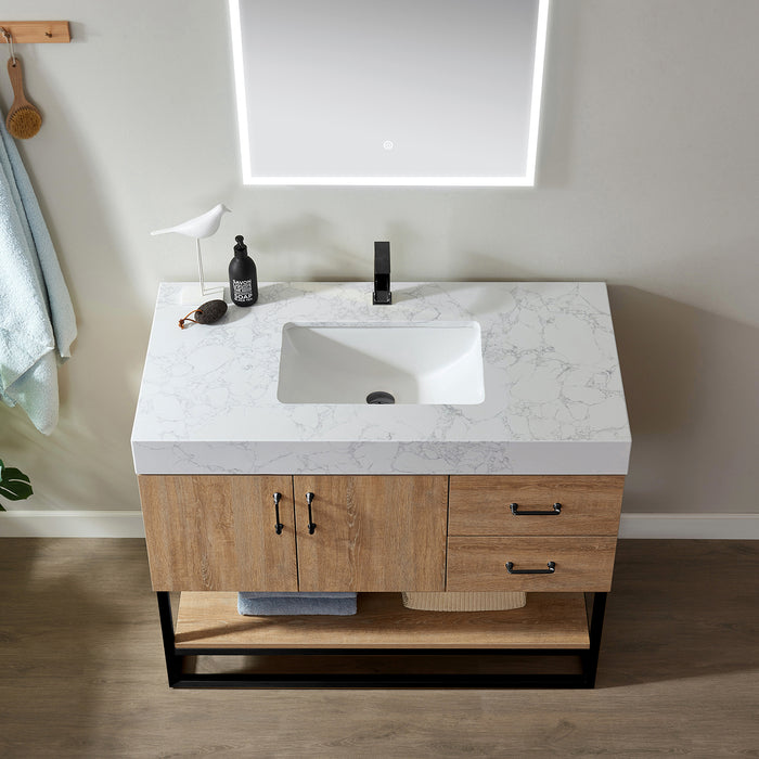 Vinnova Alistair 42B" Single Vanity in North American Oak with White Grain Stone Countertop With Mirror  789042B-NO-GW