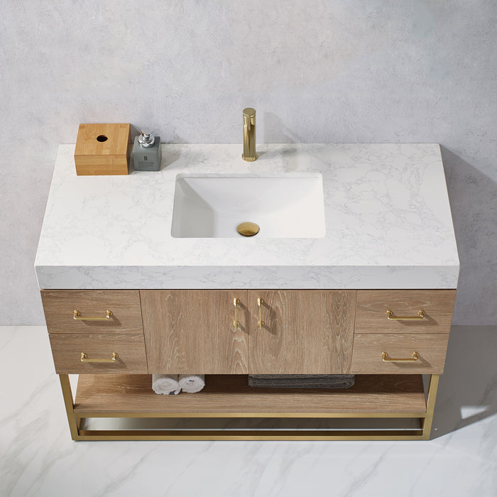 Vinnova Alistair 48" Single Vanity in North American Oak with White Grain Stone Countertop With Mirror  789048-NO-GW