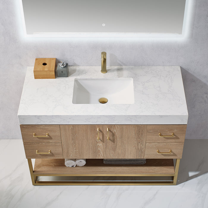 Vinnova Alistair 48" Single Vanity in North American Oak with White Grain Stone Countertop With Mirror  789048-NO-GW