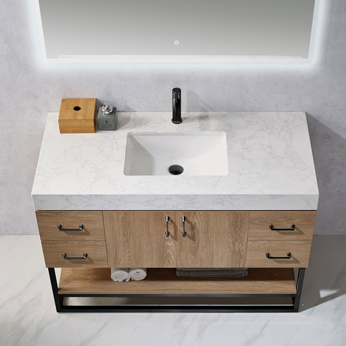 Vinnova Alistair 48B" Single Vanity in North American Oak with White Grain Stone Countertop With Mirror  789048B-NO-GW