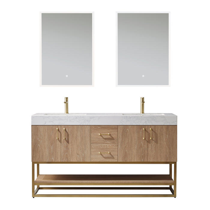Vinnova Alistair 60" Double Vanity in North American Oak with White Grain Stone Countertop With Mirror  789060-NO-GW
