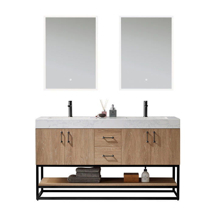 Vinnova Alistair 60B" Double Vanity in North American Oak with White Grain Stone Countertop With Mirror  789060B-NO-GW