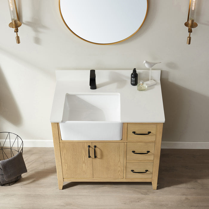 Vinnova Sevilla 36" Vanity in Washed Ash with White Composite Stone Countertop With Mirror  797036-WA-WH