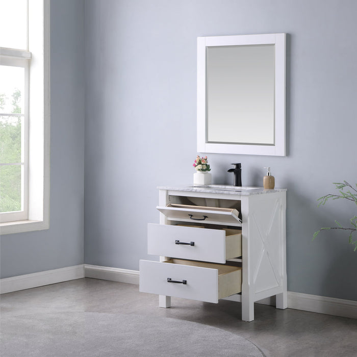 Altair Maribella 30" Single Bathroom Vanity Set in White and Carrara White Marble Countertop with Mirror 535030-WH-CA