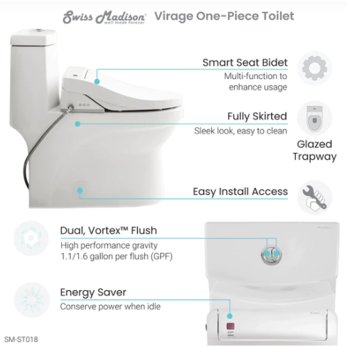 Swiss Madison Virage One-Piece Toilet with Vivante Smart Seat Bidet 1.1/1.6 gpf - SM-ST018