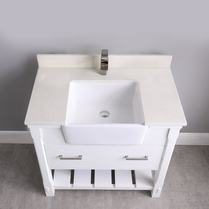 Altair Georgia 36" Single Bathroom Vanity Set in White and Composite Carrara White Stone Top with White Farmhouse Basin with Mirror  537036-WH-AW