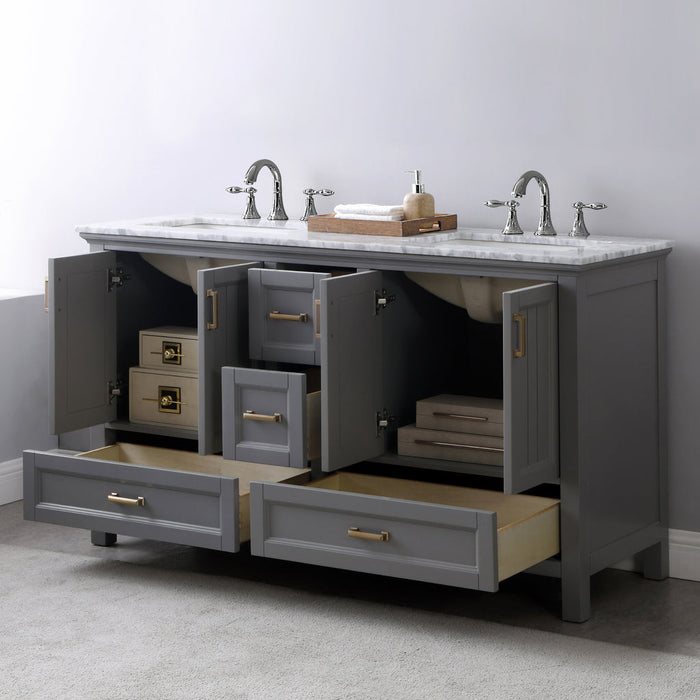 Altair Isla 60" Double Bathroom Vanity Set in Gray and Carrara White Marble Countertop with Mirror 538060-GR-CA