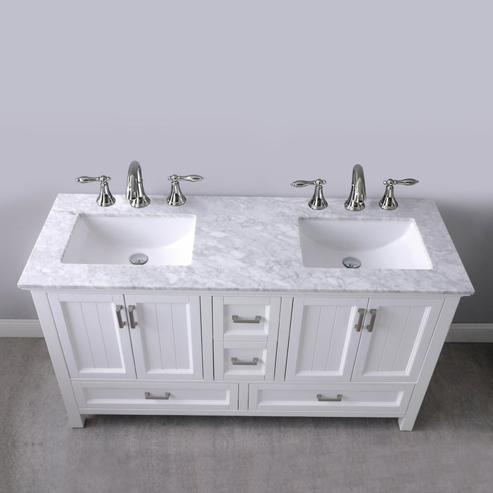 Altair Isla 60" Double Bathroom Vanity Set in White and Carrara White Marble Countertop with Mirror 538060-WH-CA