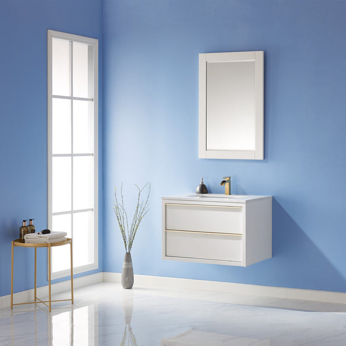 Altair Morgan 30" Single Bathroom Vanity Set in White and Composite Carrara White Stone Countertop with Mirror 534030-WH-AW