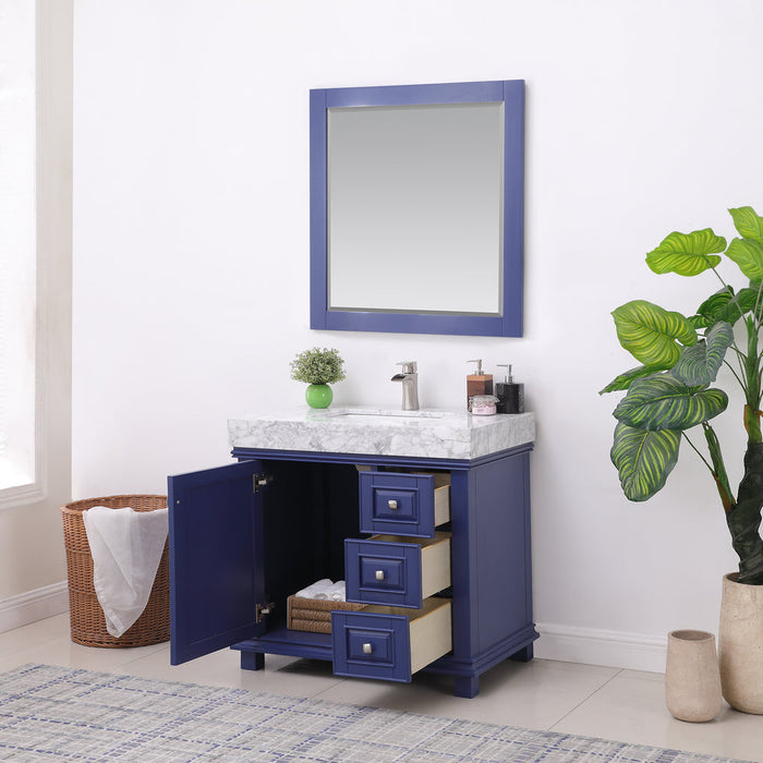 Altair Jardin 36" Single Bathroom Vanity Set in Jewelry Blue and Carrara White Marble Countertop with Mirror  539036-JB-CA