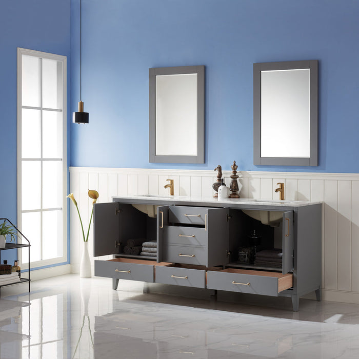 Altair Sutton 72" Double Bathroom Vanity Set in Gray and Carrara White Marble Countertop with Mirror  541072-GR-CA