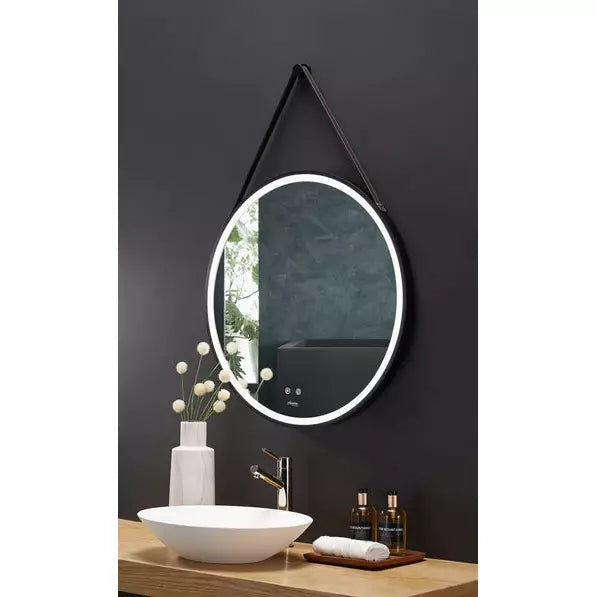 Ancerre 30” Sangle Led Mirror Black Framed Lighted Bathroom Vanity Mirror and Vegan leather Strap