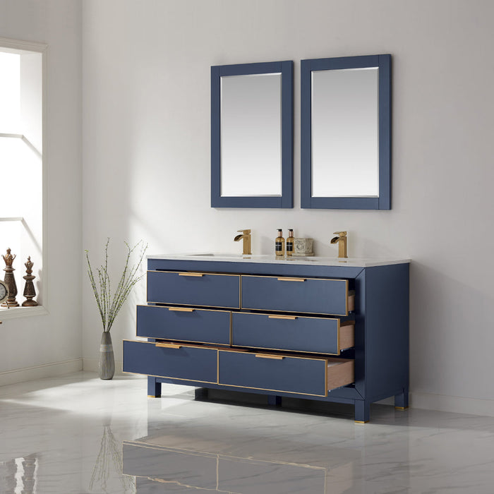 Altair Jackson 60" Double Bathroom Vanity Set in Royal Blue and Composite Carrara White Stone Countertop with Mirror 533060-RB-AW