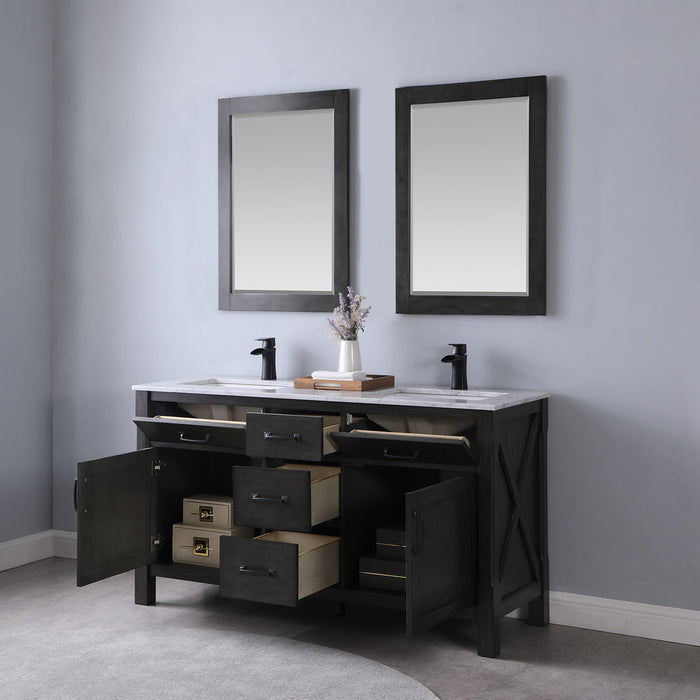 Altair Maribella 60" Double Bathroom Vanity Set in Rust Black and Carrara White Marble Countertop with Mirror 535060-RL-CA