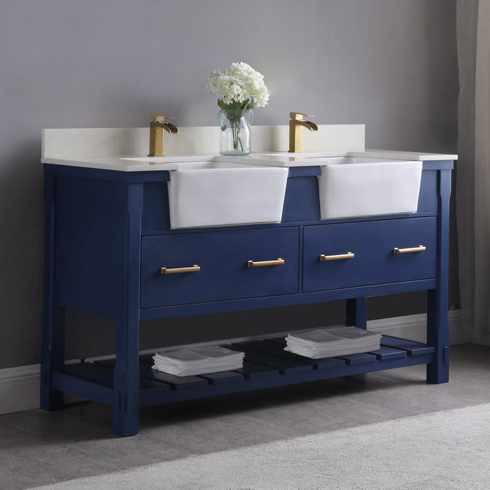 Altair Georgia 60" Double Bathroom Vanity Set in Jewelry Blue and Composite Carrara White Stone Top with White Farmhouse Basin with Mirror 537060-JB-AW