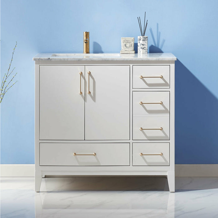 Altair Sutton 36" Single Bathroom Vanity Set in White and Carrara White Marble Countertop with Mirror  541036-WH-CA