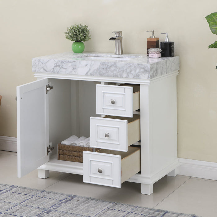 Altair Jardin 36" Single Bathroom Vanity Set in White and Carrara White Marble Countertop with Mirror 539036-WH-CA