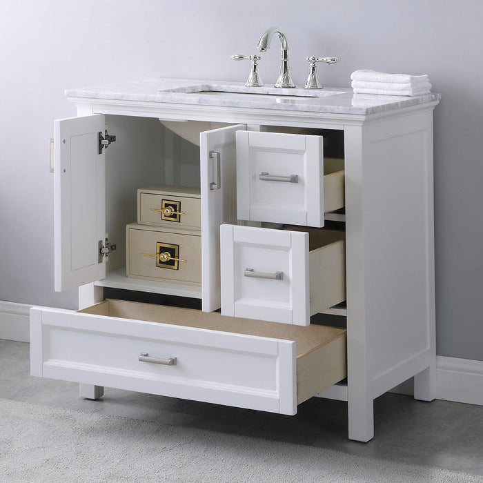 Altair Isla 36" Single Bathroom Vanity Set in White and Carrara White Marble Countertop with Mirror  538036-WH-CA