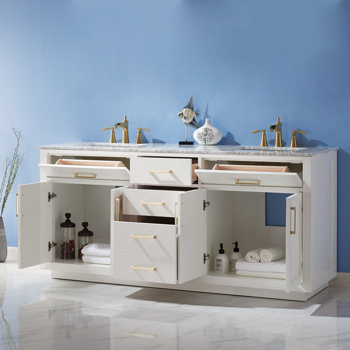 Altair Ivy 72" Double Bathroom Vanity Set in White and Carrara White Marble Countertop with Mirror 531072-WH-CA