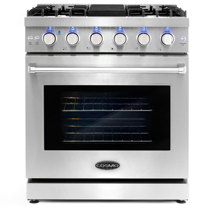 Cosmo 30'' Slide-In Freestanding Gas Range with 5 Sealed Burners, Cast Iron Grates, 4.5 cu. ft. Capacity Convection Oven in Stainless Steel COS-EPGR304