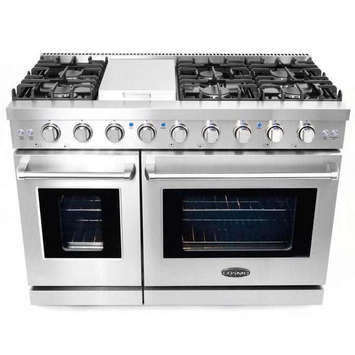 Cosmo 48'' 6.8 cu. ft. Double Oven Commercial Gas Range with Fan Assist Convection Oven in Stainless Steel Storage Drawer COS-EPGR486G