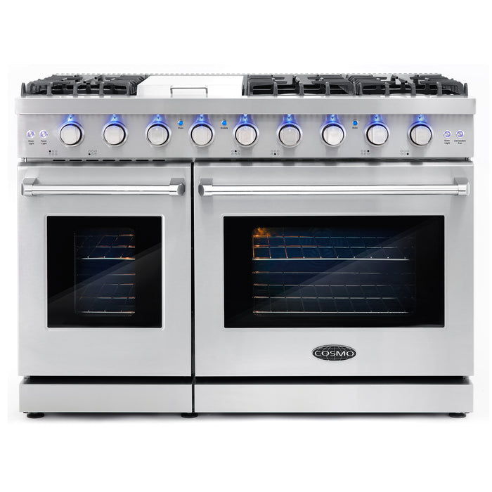 Cosmo 48'' 6.8 cu. ft. Double Oven Commercial Gas Range with Fan Assist Convection Oven in Stainless Steel Storage Drawer COS-EPGR486G