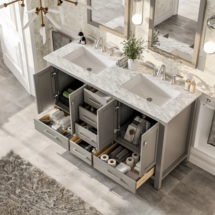 Eviva Aberdeen 60" Gray Transitional Double Sink Bathroom Vanity with White Carrara Top-EVVN412-60GR