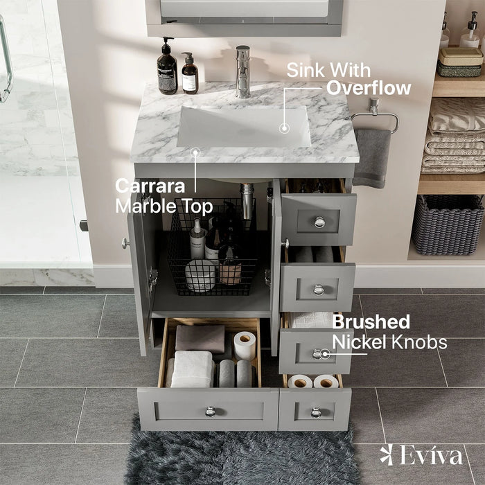 Eviva Happy  24" x 18" Transitional Grey Bathroom Vanity with white Carrara counter-top-EVVN30-24X18GR