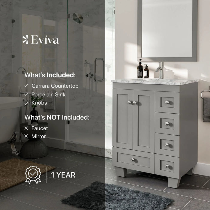 Eviva Happy  24" x 18" Transitional Grey Bathroom Vanity with white Carrara counter-top-EVVN30-24X18GR