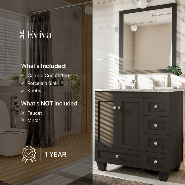 Eviva Happy  30" x 18" Transitional Espresso Bathroom Vanity with White Carrara Marble counter-Top-EVVN30-30X18ES