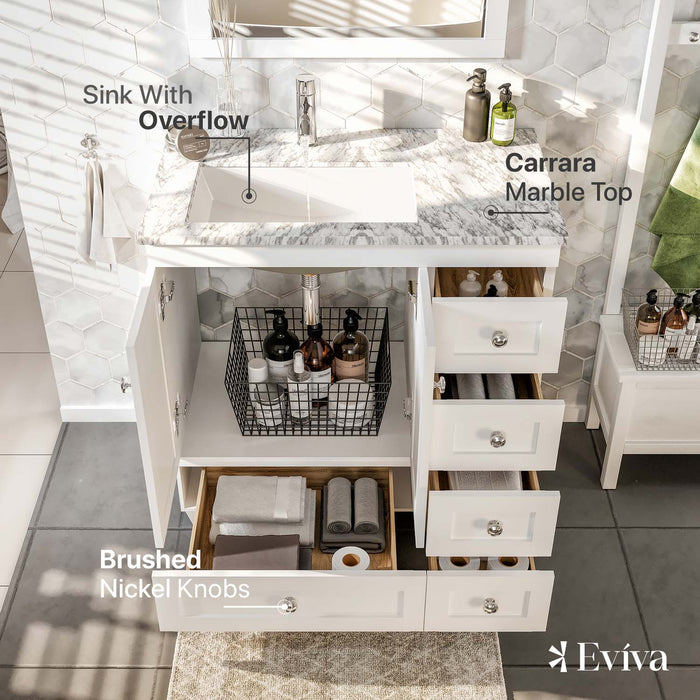 Eviva Happy  30" x 18" Transitional White Bathroom Vanity with White Carrara Marble Counter-top-EVVN30-30X18WH