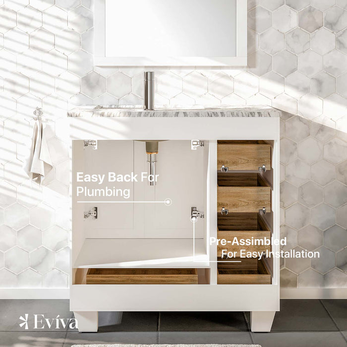Eviva Happy  30" x 18" Transitional White Bathroom Vanity with White Carrara Marble Counter-top-EVVN30-30X18WH