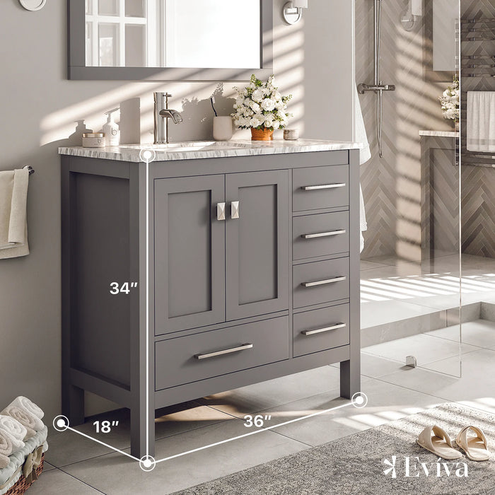 Eviva London 36" x 18" Gray Transitional Bathroom Vanity with White Carrara Top-TVN414-36X18GR