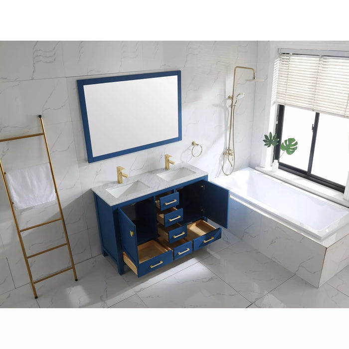 Eviva London 48" x 18" Blue Transitional Double Sink Bathroom Vanity with White Carrara Top & Gold Handles-TVN414-48X18BLU-DS-GH
