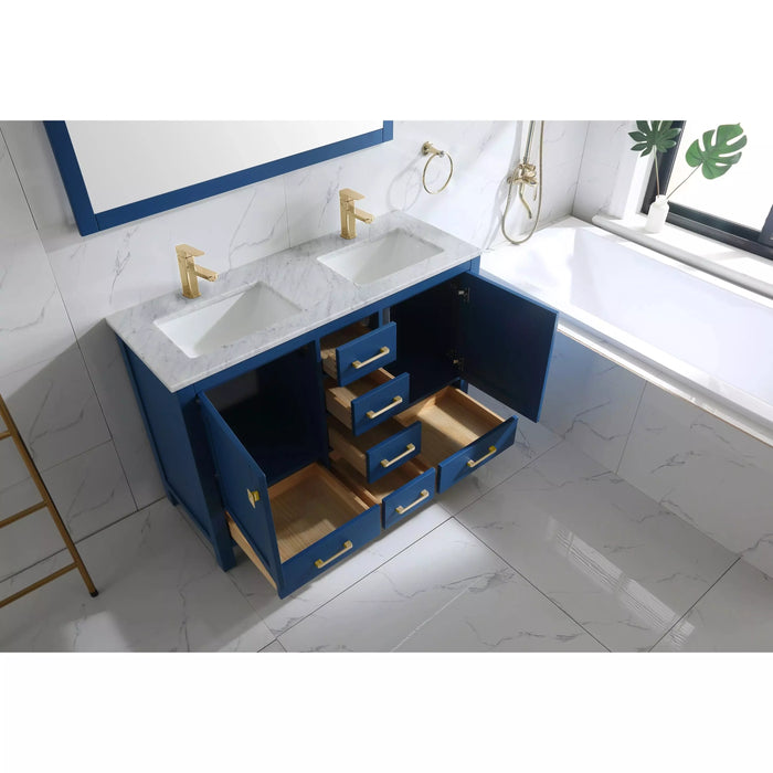 Eviva London 48" x 18" Blue Transitional Double Sink Bathroom Vanity with White Carrara Top & Gold Handles-TVN414-48X18BLU-DS-GH