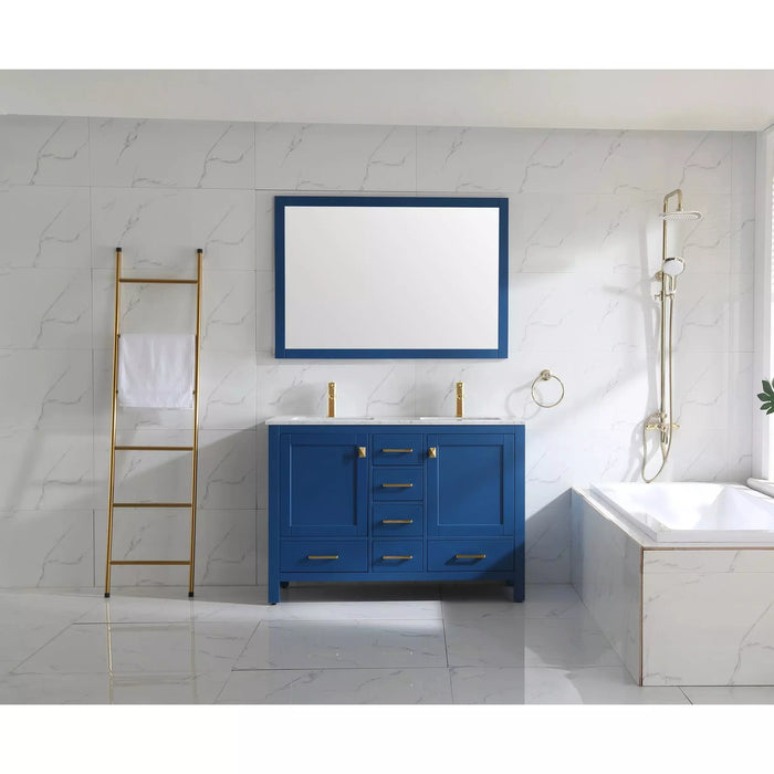 Eviva London 48" x 18" Blue Transitional Double Sink Bathroom Vanity with White Carrara Top & Gold Handles-TVN414-48X18BLU-DS-GH