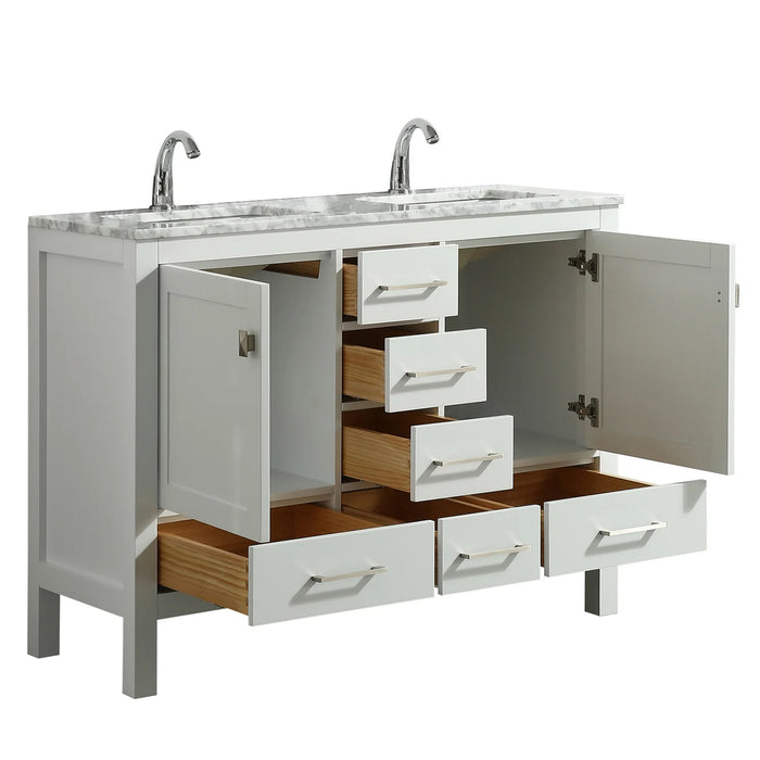 Eviva London 48" x 18" White Transitional Double Sink Bathroom Vanity with White Carrara Top-TVN414-48X18WH-DS