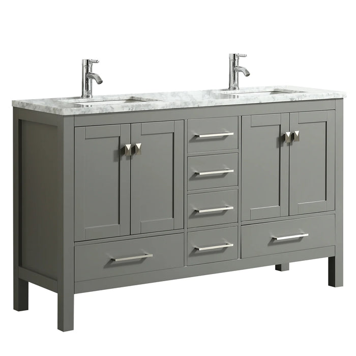 Eviva London 60" x 18" Gray Transitional Double Sink Bathroom Vanity with White Carrara Top-TVN414-60X18GR