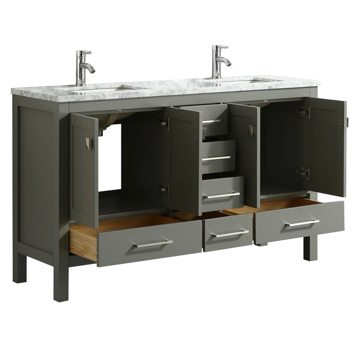 Eviva London 60" x 18" Gray Transitional Double Sink Bathroom Vanity with White Carrara Top-TVN414-60X18GR