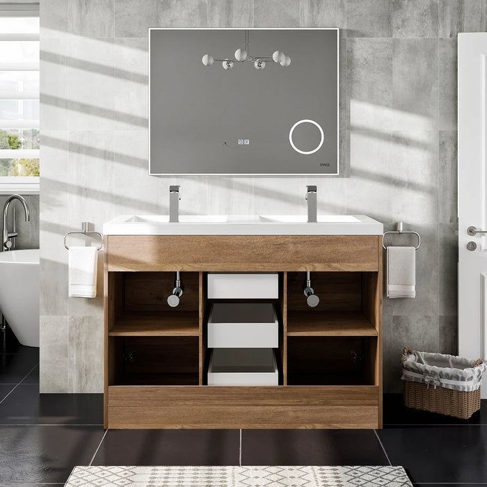 Eviva Lugano 48" Natural Oak Modern Double Sink Bathroom Vanity with White Integrated Top-EVVN12-8-48NOK-DS