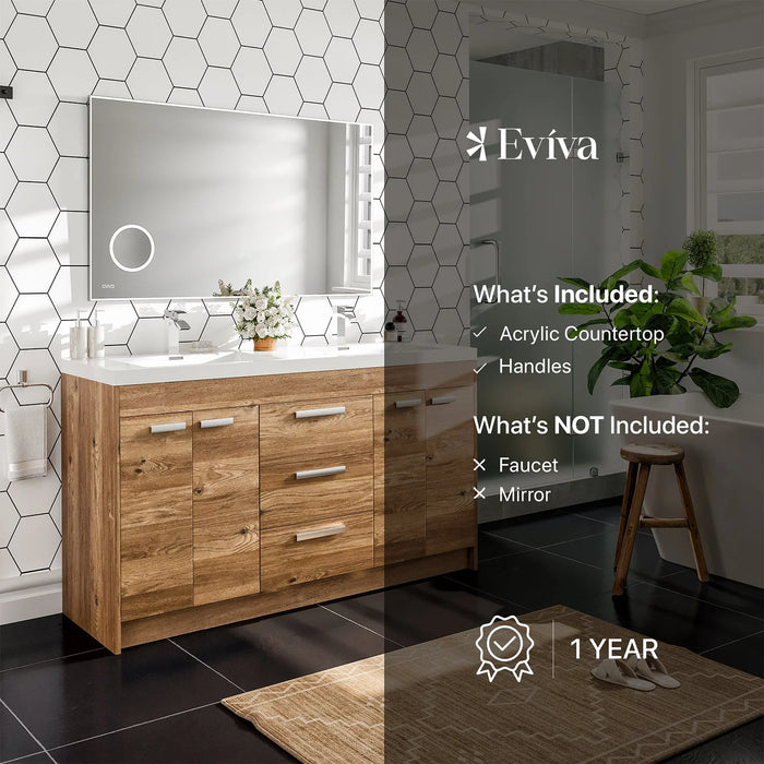 Eviva Lugano 60" Natural Oak Modern Double Sink Bathroom Vanity with White Integrated Top-EVVN1500-8-60NOK