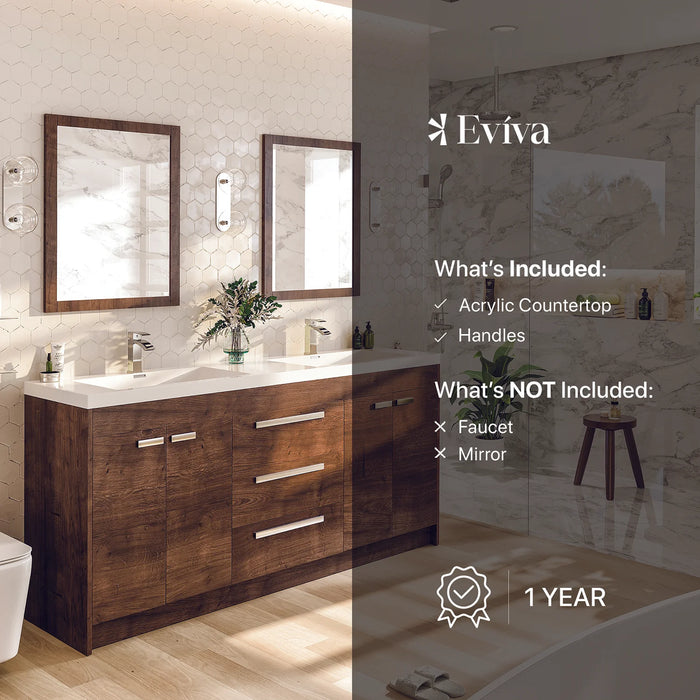 Eviva Lugano 60" Rosewood Modern Double Sink Bathroom Vanity with White Integrated Top-EVVN1500-8-60RSWD