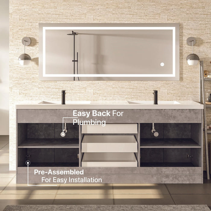 Eviva Lugano 72" Cement Gray Modern Double Sink Bathroom Vanity with White Integrated Top-EVVN1700-8-72CGR