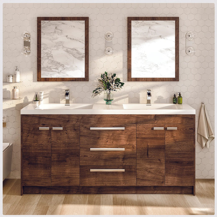 Eviva Lugano 72" Rosewood Modern Double Sink Bathroom Vanity with White Integrated Top-EVVN1700-8-72RSWD