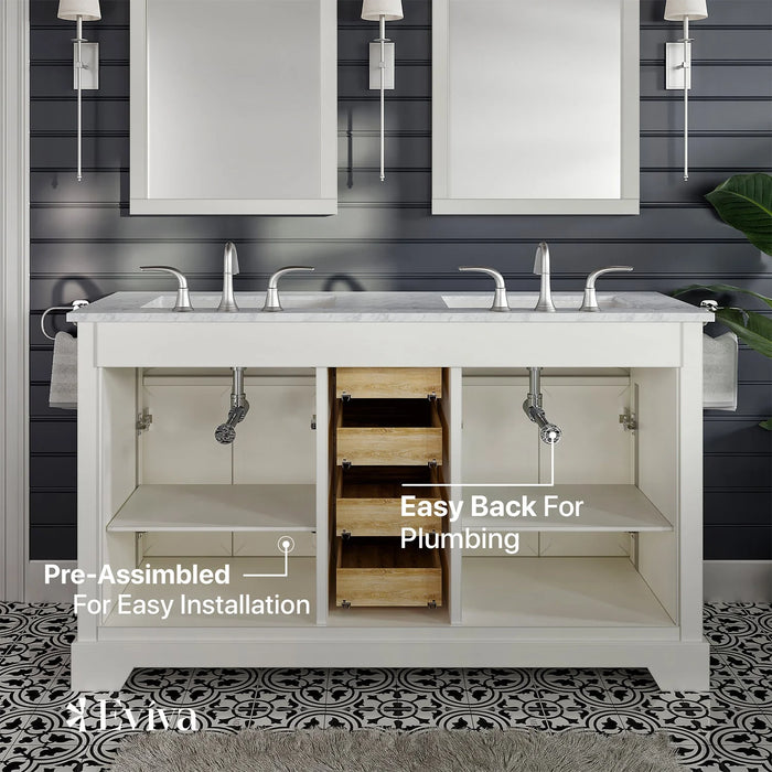 Eviva Monroe 60" White Transitional Double Sink Bathroom Vanity with White Carrara Top-EVVN123-60WH
