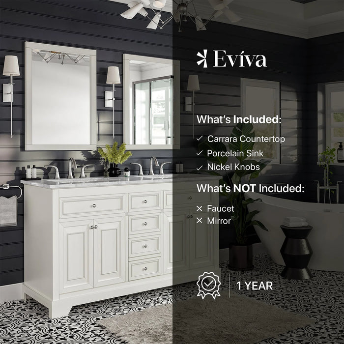 Eviva Monroe 60" White Transitional Double Sink Bathroom Vanity with White Carrara Top-EVVN123-60WH
